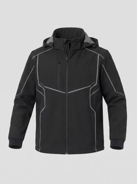Men’s Black Softshell Jacket with Reflective Trim, Full-Zip Front & Hood